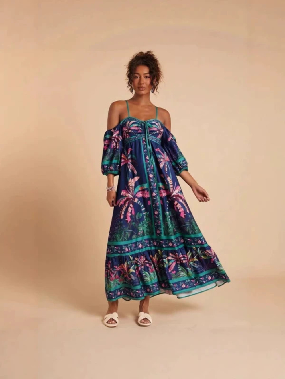 In Stock New Summer Placement Print Spaghetti Strap Off Shoulder Dress